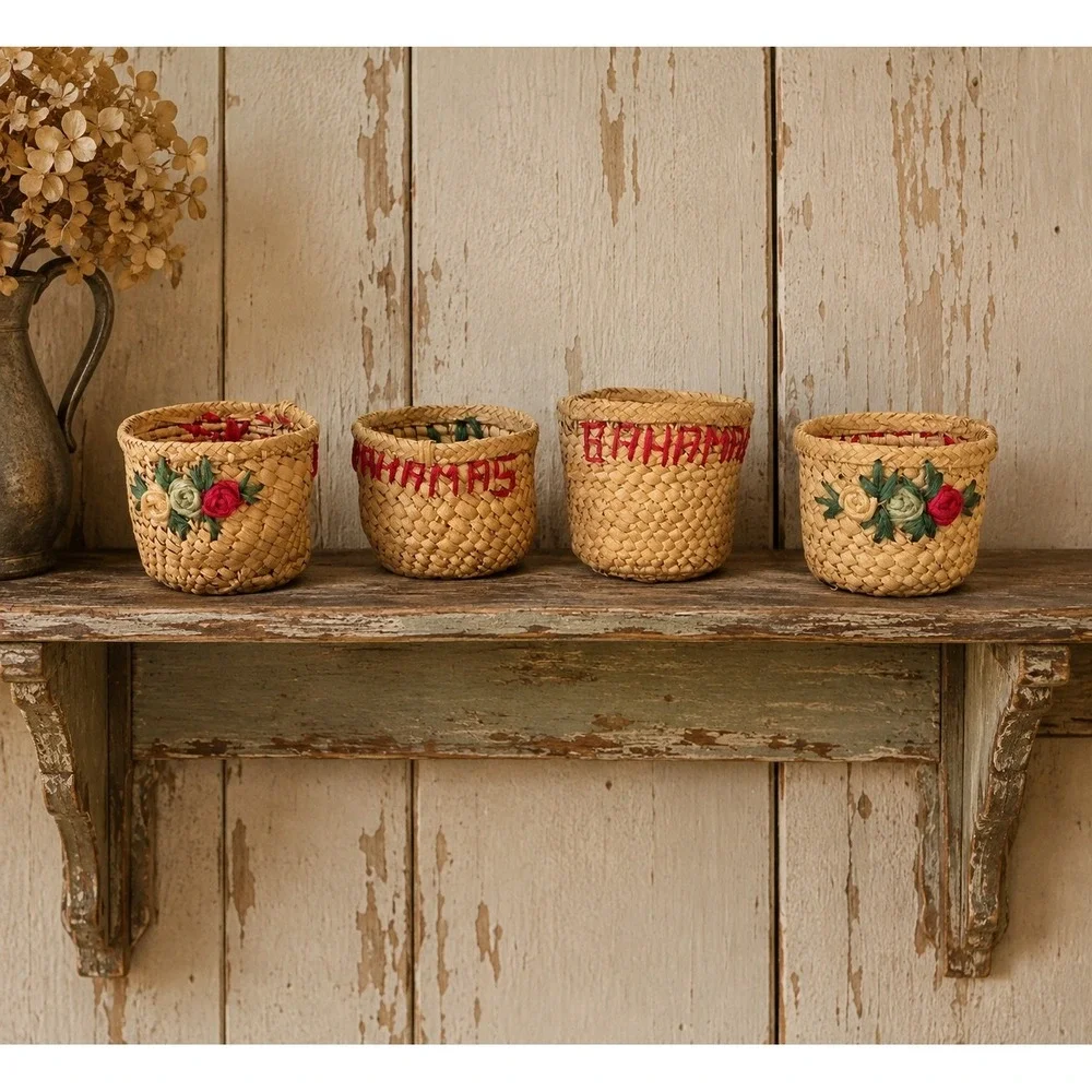 Vintage Bahamas Miniature Woven Straw Baskets Set of 4 Floral Souvenir Trinket